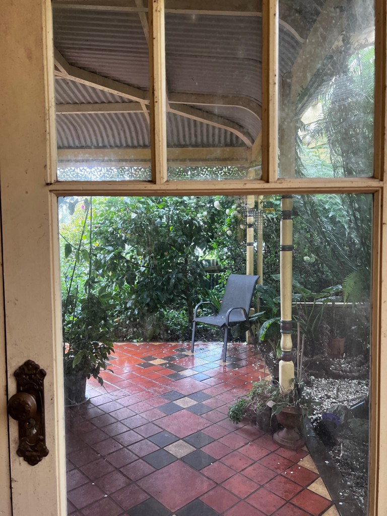 A wet verandah area with snowball tree petals 