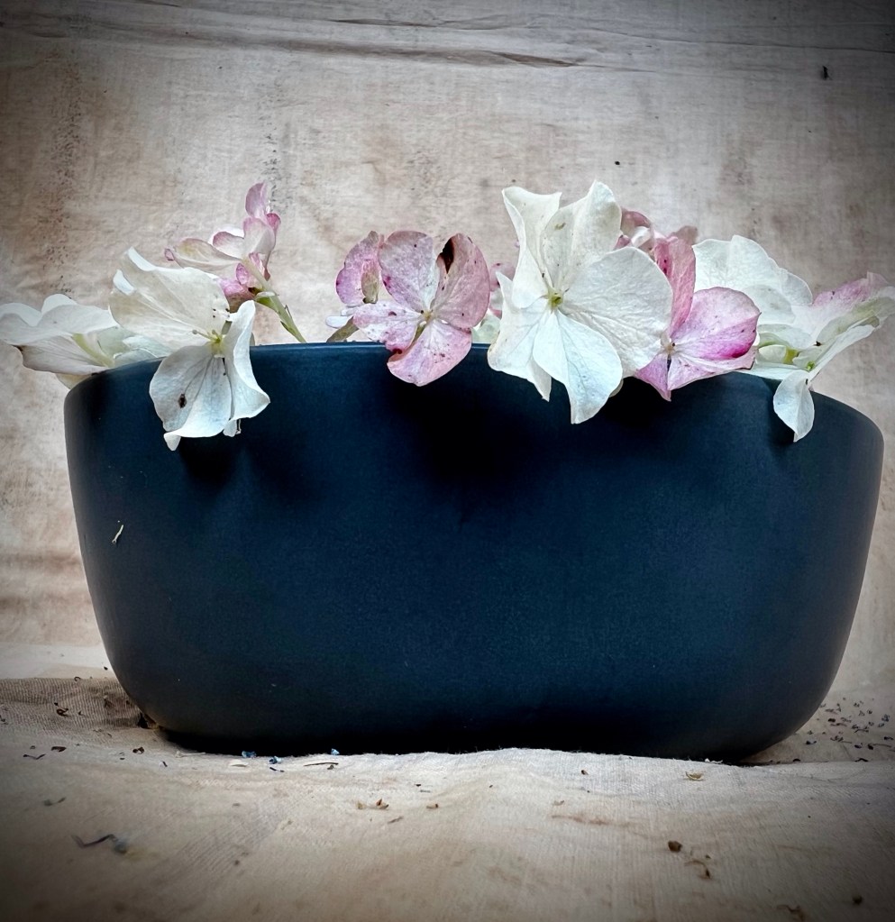Hydrangea flowers peeking over the top of a dark bowl.