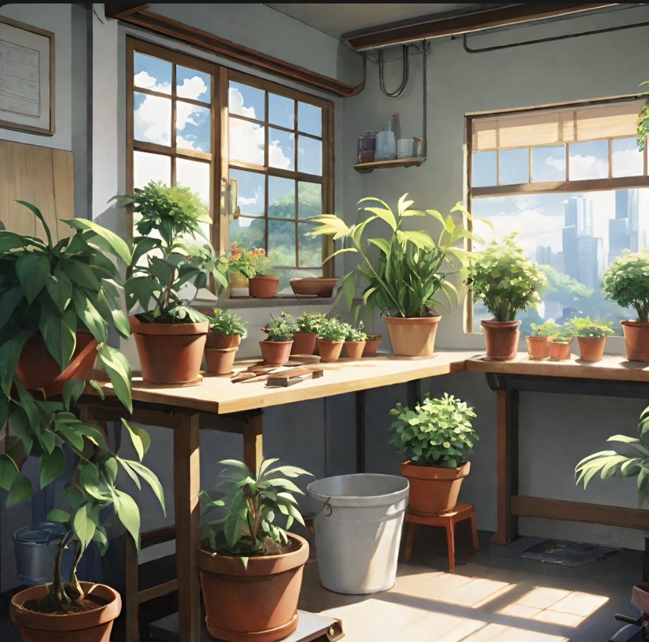 A work bench suitable for standing to pot plants at